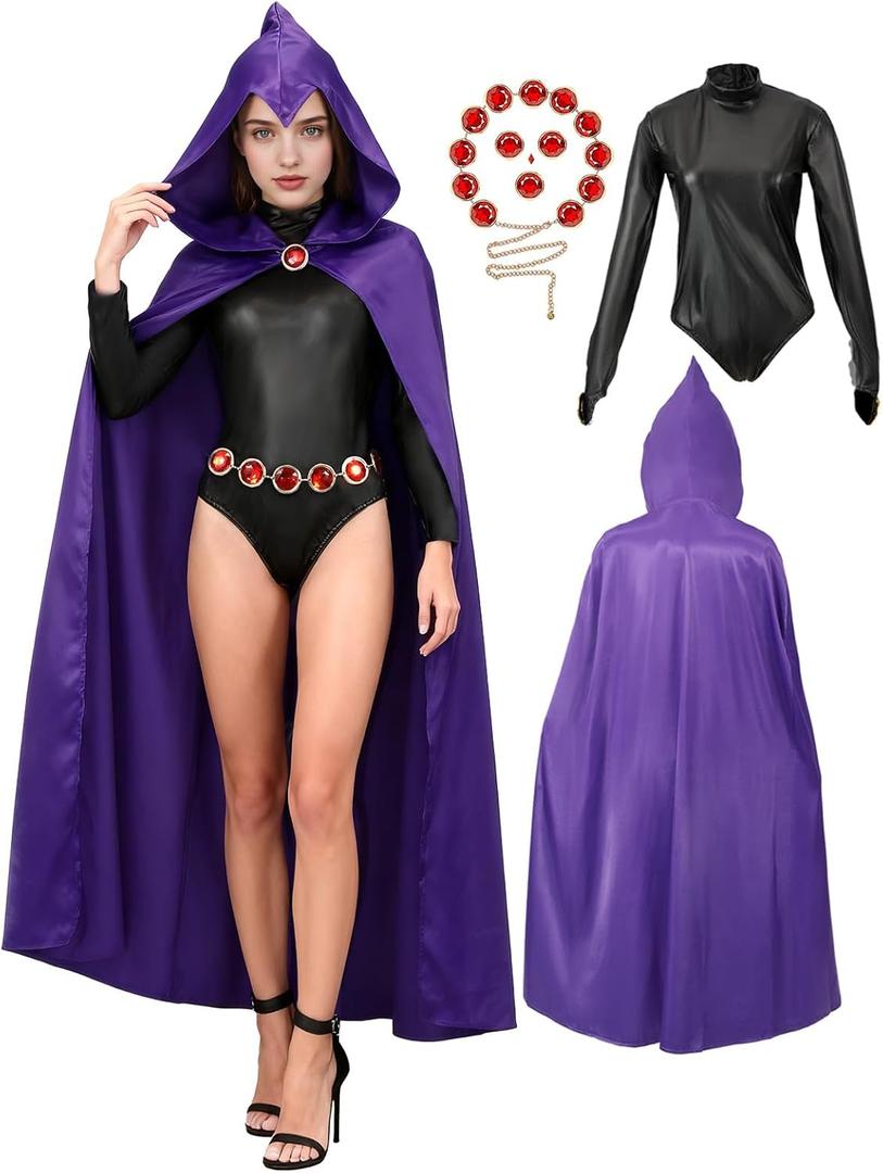 Women Raven Cosplay Costume Deluxe Jumpsuit Purple Hooded Cloak with Red Stones Chain for Cosplay Suit for Adult Raven Costume, Large