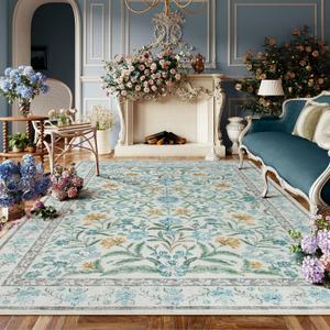 Lahome Light Blue Bedroom Rug 8x10 Under Bed, Boho Washable Rugs for Living Room Nursery, Soft Wool Vintage Low Pile Carpet for Dining Room Girls