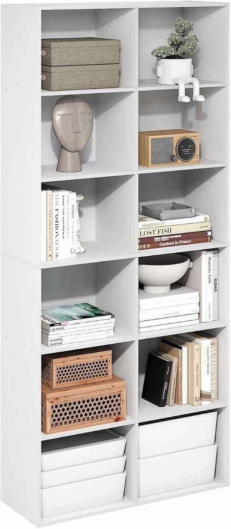 Furinno Basic Book Shelf, 12-Cube Bookshelf, Bookcase with Open Shelf, Cube Storage Organizer, 12 x 32 x 71, for Living Room, Home Office, White, 12-Tier, 12 x 32 x 71