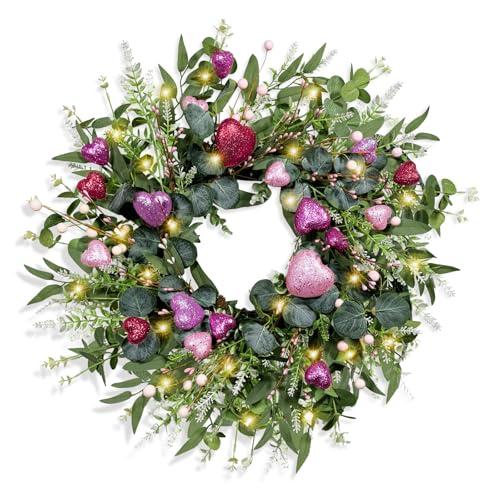 25in Spring Wreaths for Front Door Mothers' Day Wreath Heart Wreath with Lights Artificial Eucalyptus Wreath