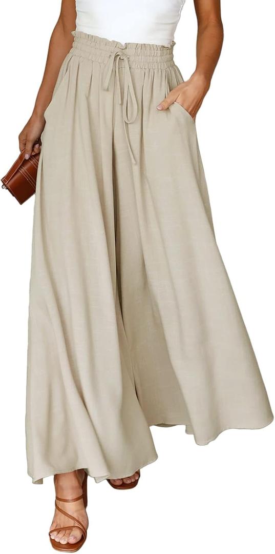 Dokotoo Pants for Women Casual Elastic Waist Wide Leg Pants with Pockets (Beige, M)