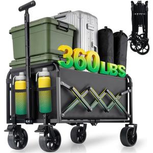 Collapsible Wagon Cart with Wheels Foldable - 360lbs Heavy Duty Folding Cart Utility Lightweight Portable Wagons with 360°Swivel Brakes Wheels for Groceries Shopping Beach Camping Garden