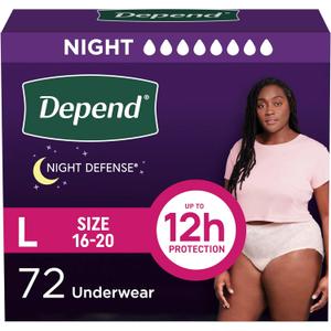 Depend Night Defense Adult Diapers, Incontinence & Postpartum Bladder Leak Underwear for Women, Disposable, Overnight, Large, Blush, 2 packs of 36, 72 Count