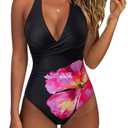 SUUKSESS Women Sexy Tummy Control One Piece Swimsuits Halter Push Up Monokini Bathing Suits (Black Red Floral, L)