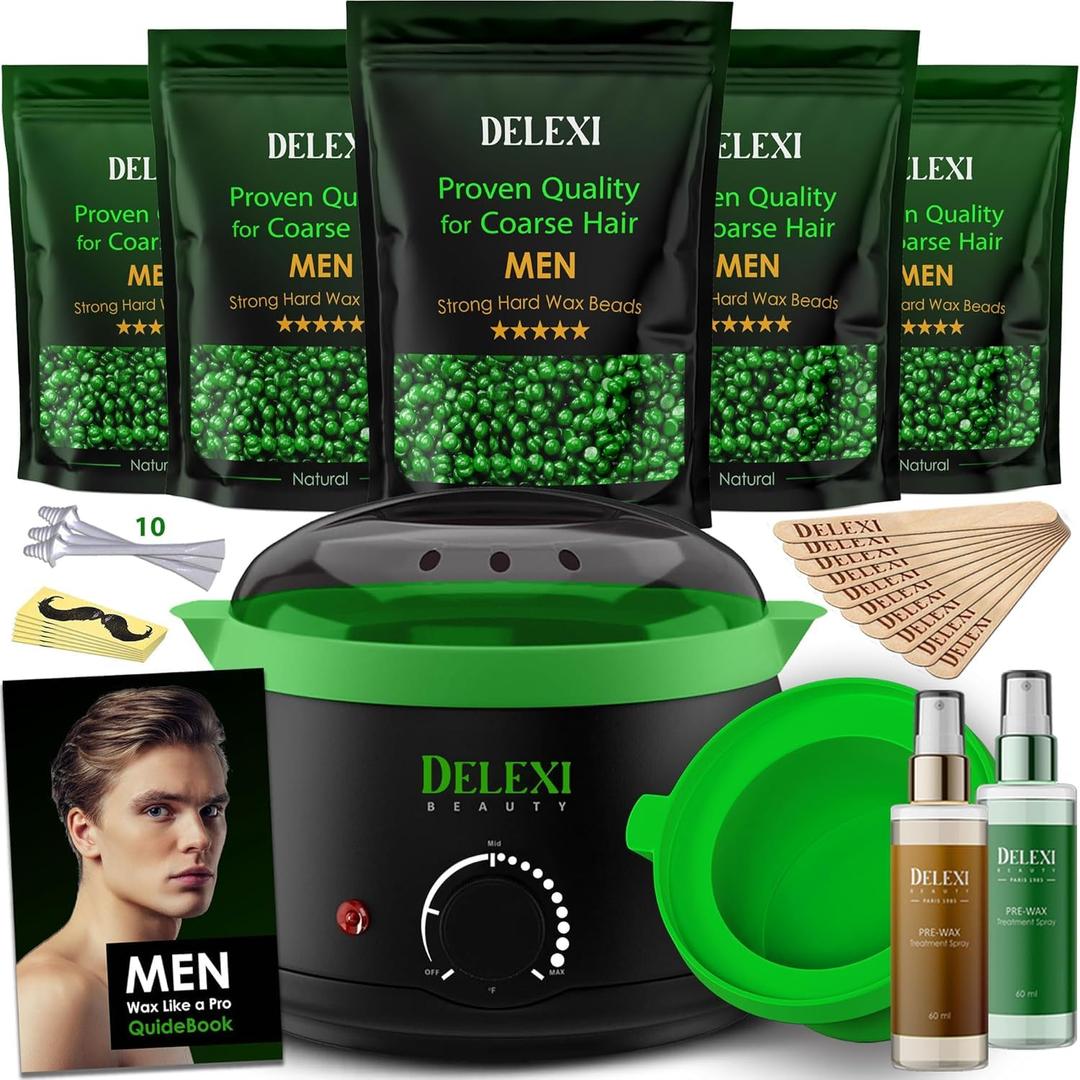 DELEXI Mens Waxing Kit for Coarse Back & Chest Hair New Heavy-Duty Edition Home Waxing System for Couples & Male Grooming Includes Analog Warmer & Precision Tools for Beard & Brows