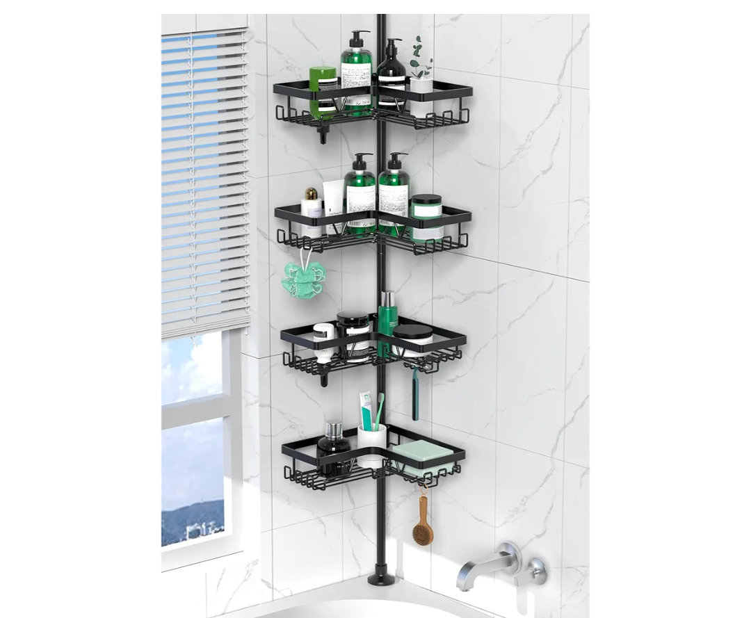 DAOYA Corner Shower Caddy Tension Pole  4 Tier Stainless Steel Rustproof Shower Corner Caddy for Bathtub Bathroom Shower Organizer Shelves Adjustable Pole 25114.2 Inch Black
