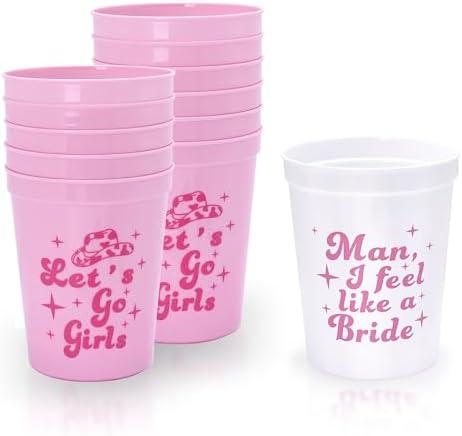 Bachelorette Party Cups - Pack of 16 Let's Go Girls Reusable Bachelorette Party Cups, Bridal Shower Party Supplies Wedding Engagement Party Favors Decorations 16oz (Pink)