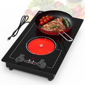 GIHETKUT Electric Cooktop,110V 2100W Stove top,9 Power Levels, Kids Lock & Timer, Hot Surface Indicator, Overheat Protection,knob and touch control 2 burner Electric cooktop