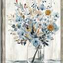 Abstract Flower Wooden Wall Art: Gray Blue Floral Blossom Picture Rustic Botanical Prints Framed for Bathroom (11W x 16H, Multi-Sized/Material)