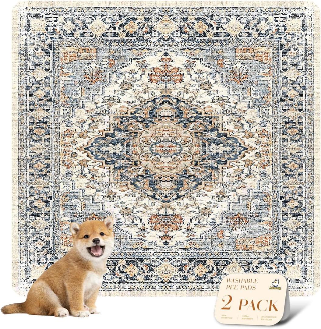 Nunubaby Washable Pee Pads for Dogs, Stylish, Non-Slip and Leak-Proof Pee Pads. Reusable Potty Pads for Dogs for Crates and Floors, Beige/Multi, 36" x36" ,Pack of 2