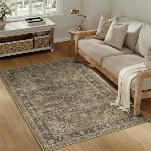 3x5 Washable Area Rug Brown Vintage Non Slip Soft Low Pile Rug for Entryway Kitchen Bathroom Distressed Oriental Throw Carpet for Living Room Bedroom Home Decor