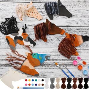 Geelin 24 Pcs Wooden Horse Craft Western Ornament Unfinished Wooden Cutouts Horse Painting Kit Unicorn Ornament DIY Cowboy Craft Paint Your Own Art for Christmas Party Favors (Classic)