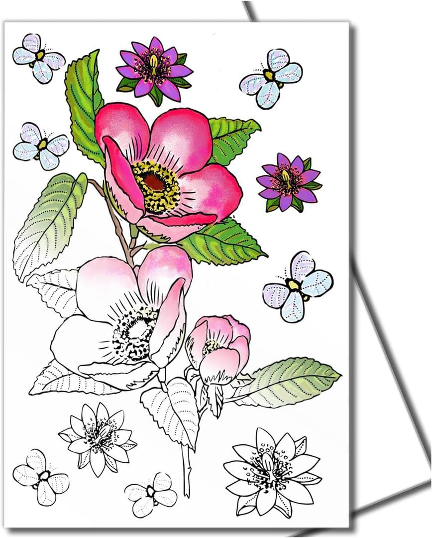 Art Eclect Coloring Cards for Adults, Color Your Own Birthday, Get Well and Sympathy Cards, 10 Designs with Envelopes (Flowers B/White)
