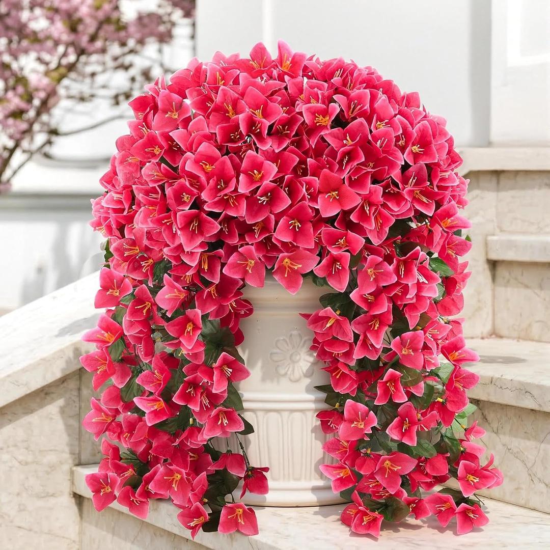 ATTGREAT Artificial Bougainvillea for Outdoors Faux Plants UV Resistant Flowers Fake Plastic Plants Realistic Silk Flowers for Porch Planter Garden Outside Hanging Decoration, 2Pcs (Rose Red)