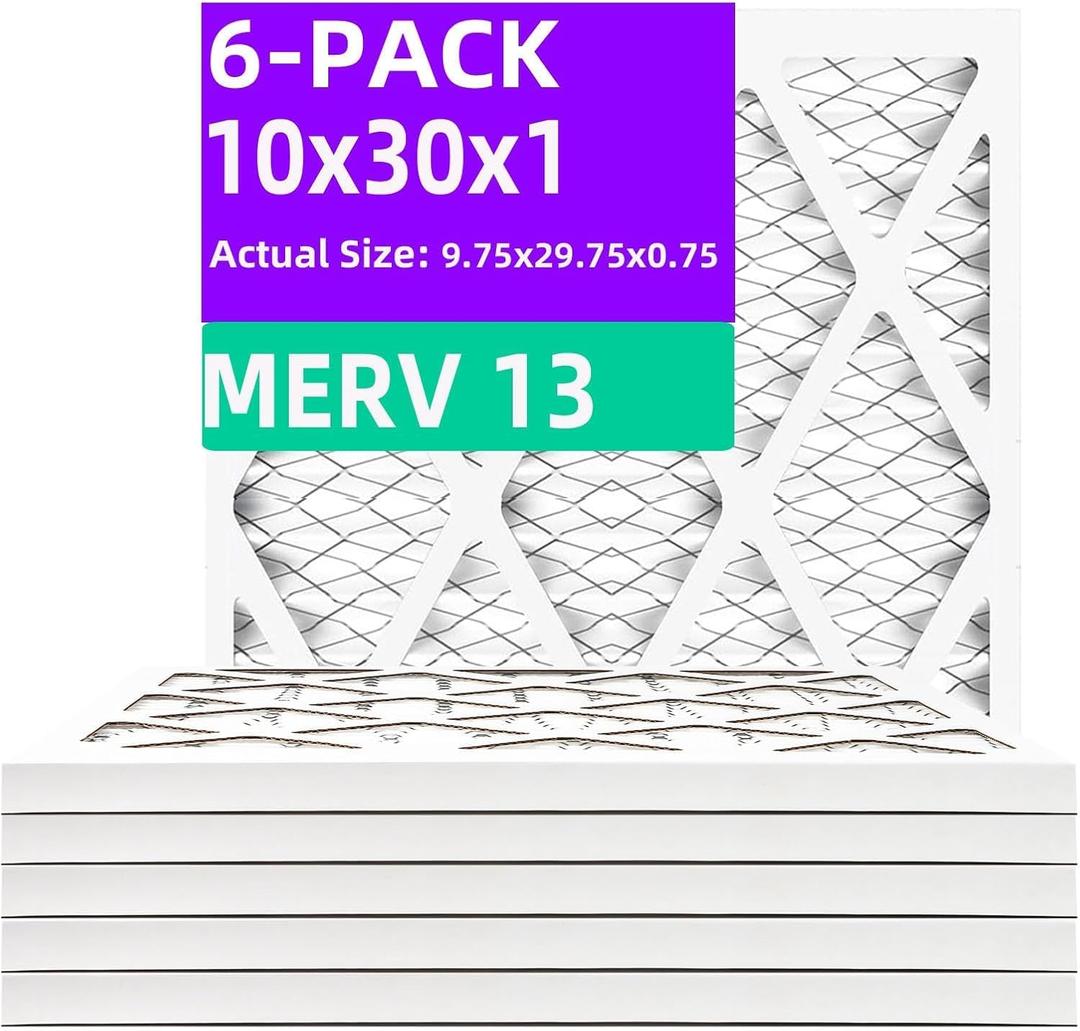 10x30x1 MERV 13 (6-Pack) Air Filter (Actual Size: 9.75x29.75x0.75") MPR 1900 & FPR 10, Furnace Air Filters,10x30x1 air filter