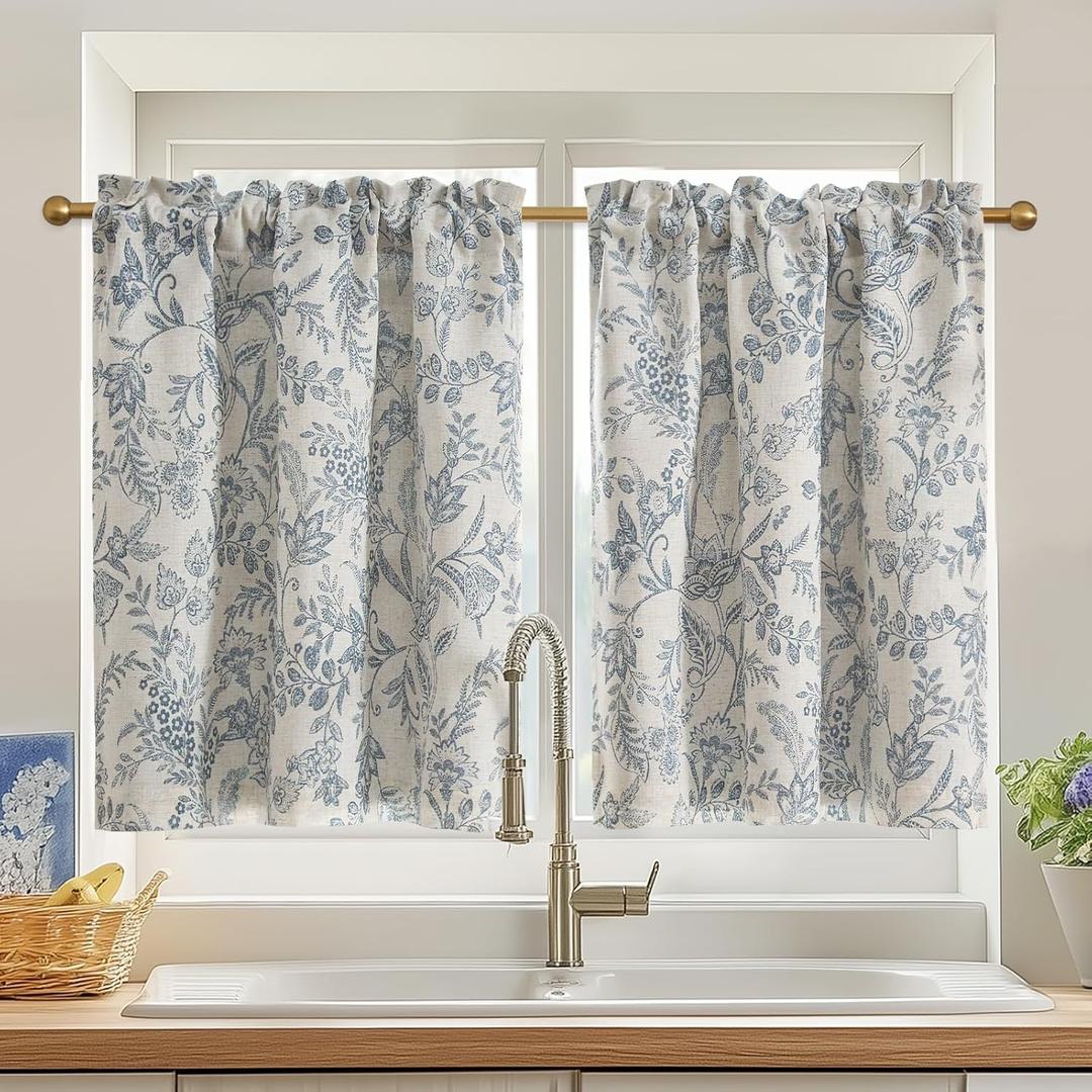 Lazzzy Blue Floral Kitchen Curtains 36 Inch Length Rustic Country Room Darkening Small Linen Farmhouse Cafe Curtains with Lined Rod Pocket, Set of 2, Blue on Beige