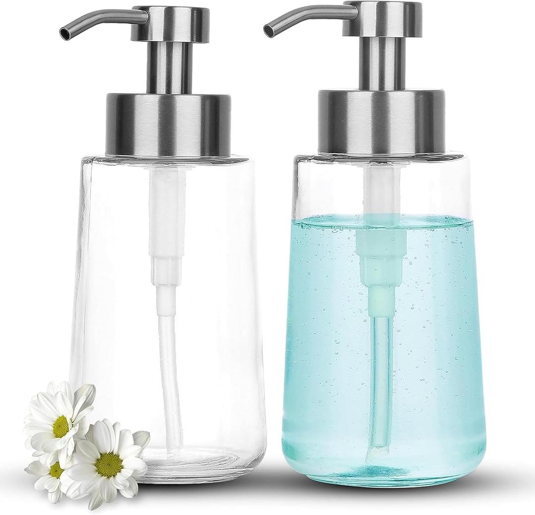 Doiliese Soap Dispenser, Glass Hand Soap Dispenser with Rust Proof Pump, 16oz Liquid Soap Container with Waterproof Labels, Dish & Hand Soap Pump for Bathroom, Kitchen, Brushed Nickel, Pack of 2