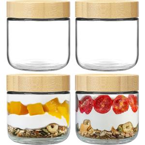 NETANY 4-pack 10oz Glass jars with Airtight Lids, Overnight Oats Containers with Bamboo Lids, Wide mouth Mason Salad jars, Glass Food Storage Containers for Snacks Yogurt Spice Sugar