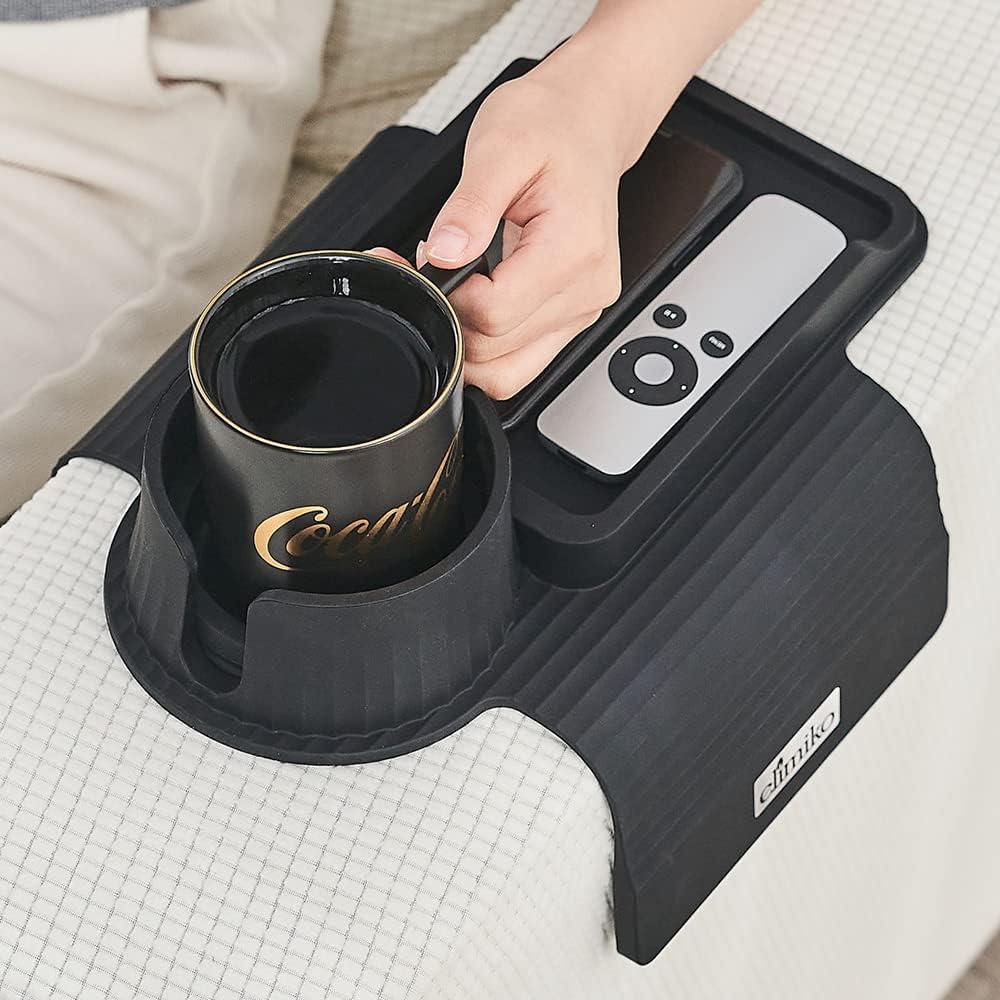 Couch Cup Holder Tray, Elimiko Silicone Sofa Drink Holder with Large Cup Holder and Tray, for Oversized Mugs/Long Remote/Snacks/Cellphone (Black)