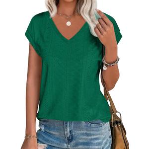 Imily Bela Womens V Neck T-Shirt Summer Cap Sleeve Dressy Casual Tops Eyelet Embroidered Fashion Tees (Green, S)