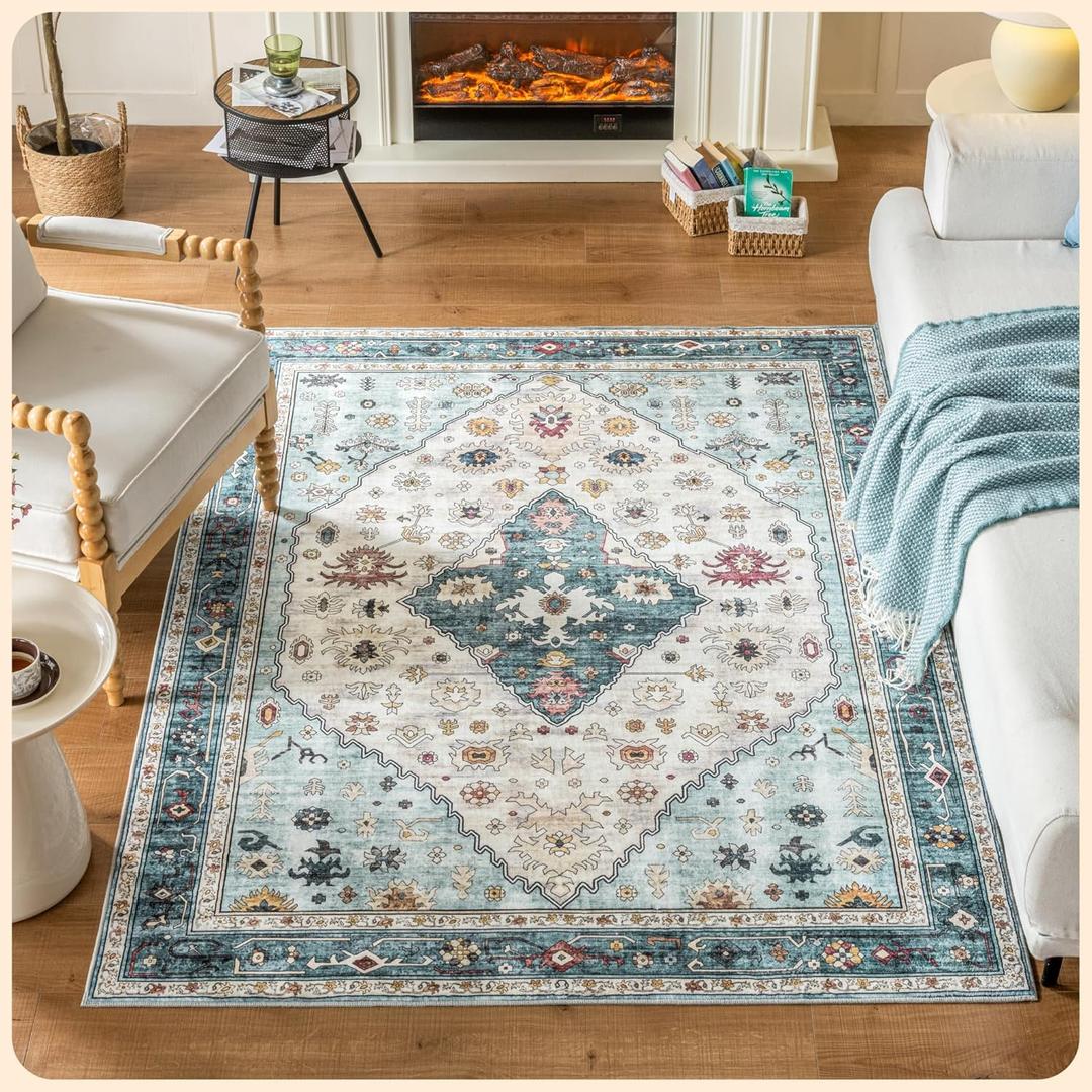 Istana 4x6 Rug - White Cream & Blue Area Rugs 4x6 - Kid & Pet Friendly Machine Washable Rugs - 4 x 6 Area Rug Non Slip & Non Shedding Area Rug - Foldable Rug for Room for Bedroom