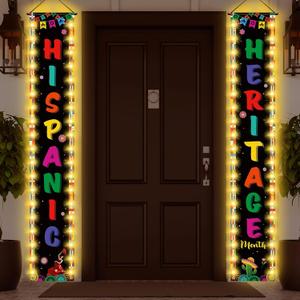 Blosssound Hispanic Heritage Month Door Banner with Lights National Hispanic Decorations Porch Sign Backdrop Latino Spanish World Flag Hanging Banner Party Supplies for Front Porch Wall, 70.9 X11.8