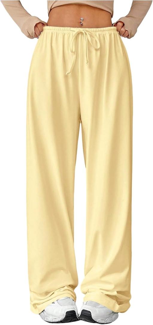 Verdusa Women's Loose Wide Leg Sweatpants Elastic Drawstring Waist Casual Long Pants (Butter Yellow) Small Tall