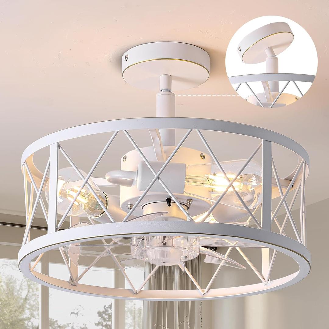REDSTAR 15" Caged Ceiling Fans with Lights and Remote Flush Mount, White Round Industrial Ceiling Fan Light Fixture, Small Bladeless Ceiling Fan for Bedroom, Kitchen, Indoor, 15in