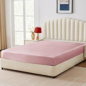 CozyLux Satin Fitted Sheet Queen Size, Pink Silky Satin Bed Fitted Sheet Only with Silky Microfiber, Deep Pocket, Single Bottom S,  Breathable, Smooth and Soft
