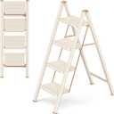 GameGem 4 Step Ladder Folding Step Stool with Wide Anti-Slip Pedal, 330LBS Capacity, Lightweight Portable Stepladder for Home and Kitchen Use, Cream Chocolate