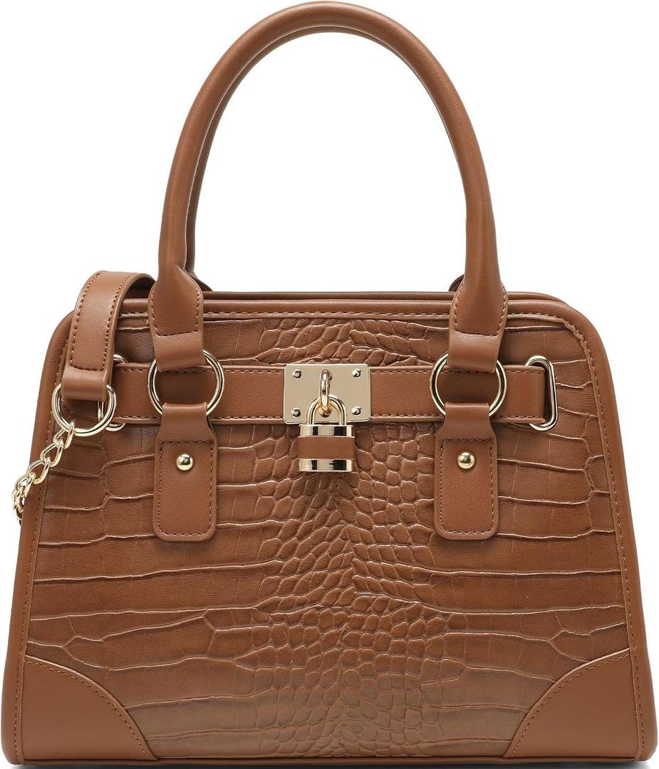 GEMIU Women's Crocodile Embossed Satchel Bag with Lock, Premium PU Leather Top Handle Handbag, Convertible Shoulder Tote