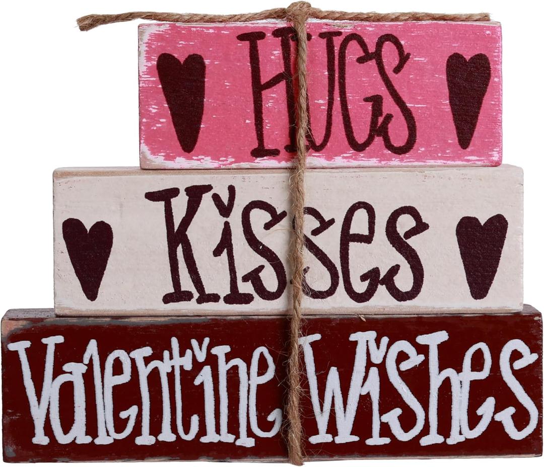 Valentines Decor, Rustic Wooden Book Stack with Heart and Love Signs for Home, Tiered Tray, Shelf, and Fireplace Mantel (Vbook-2)