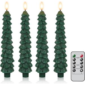 Wondise Christmas Tree Flameless Candles with Remote and Timer, Real Wax Battery Operated 3D Wick LED Taper Candles Flameless Flickering Candles for Christmas Holiday Decor (6pcs 0.78" x 9.8") (1-Green)