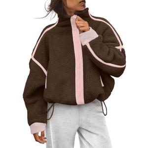 Aimiray Fleece Jackets Women Long Sleeve Zip Up Stand Collar Sherpa Jackets Warm Soft Trendy Teddy Outerwears with Pockets (Brown, L)
