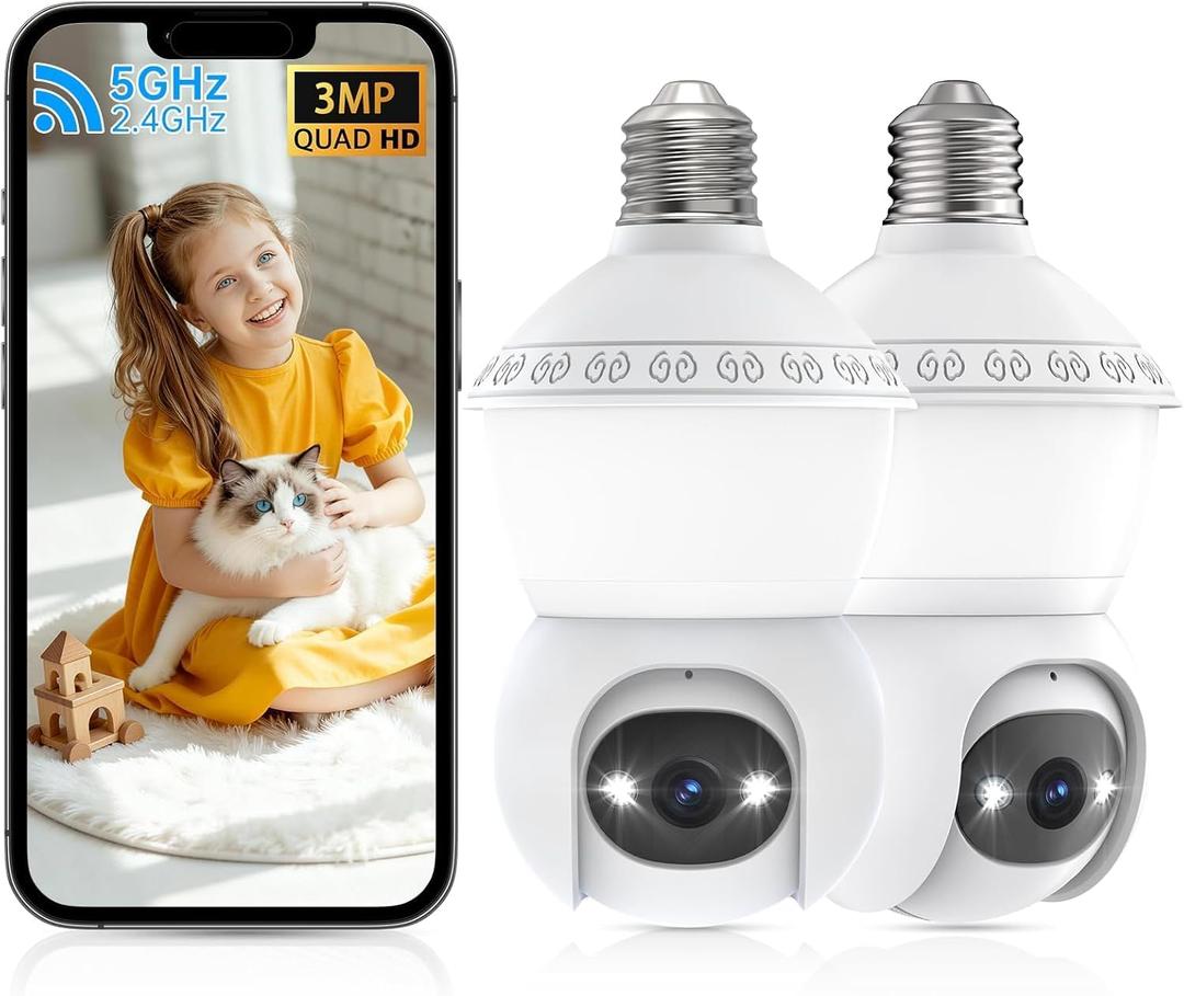 Smart Light Bulb Security Camera,5G&2.4G Security Cameras Wireless Outdoor,2K Light Bulb Camera, 360 Camera for Home Security,AI Detection,Smart Night Vision, Two-Way Audio (White 2 Packs)