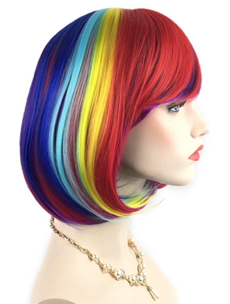 Rainbow Bob Wigs and A Wig Cap- Women's Short Straight Multi-Color Cosplay Wigs -Comfortable& Breathable& Durable-Rose Net; wig007A