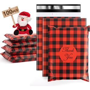 Oududianzi Christmas Poly Mailers 10x13, 100PCS Plastic Shipping Bags, Mailers Poly Bags for Shipping, Self-Seal Mailing Bags, Holiday Polymailers Packaging Bags for Small Business and Clothes (Red Plaid)