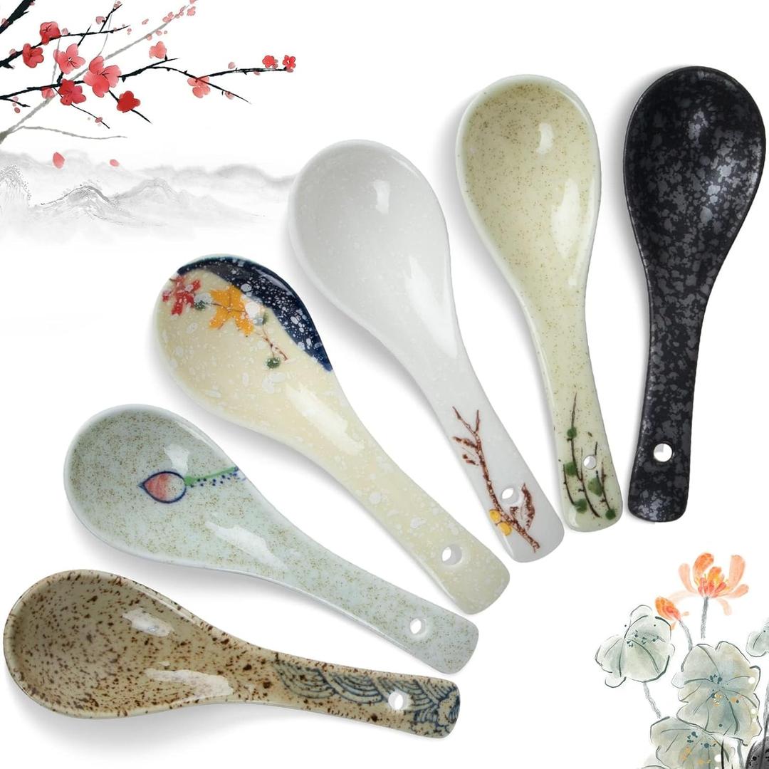 6 Pieces Japanese Retro Ceramics Soup Spoons Asian Soup Spoons Japanese Style Rice Spoon Flatware Chinese Serving Spoons Appetizers Tableware Meal Partner for Salad Ramen Noodles Wonton