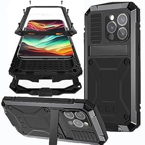 Ninki Case for iPhone 15 Pro - Metal Case with Screen Protector, Shockproof Aluminium Silicone Body, Kickstand, Black