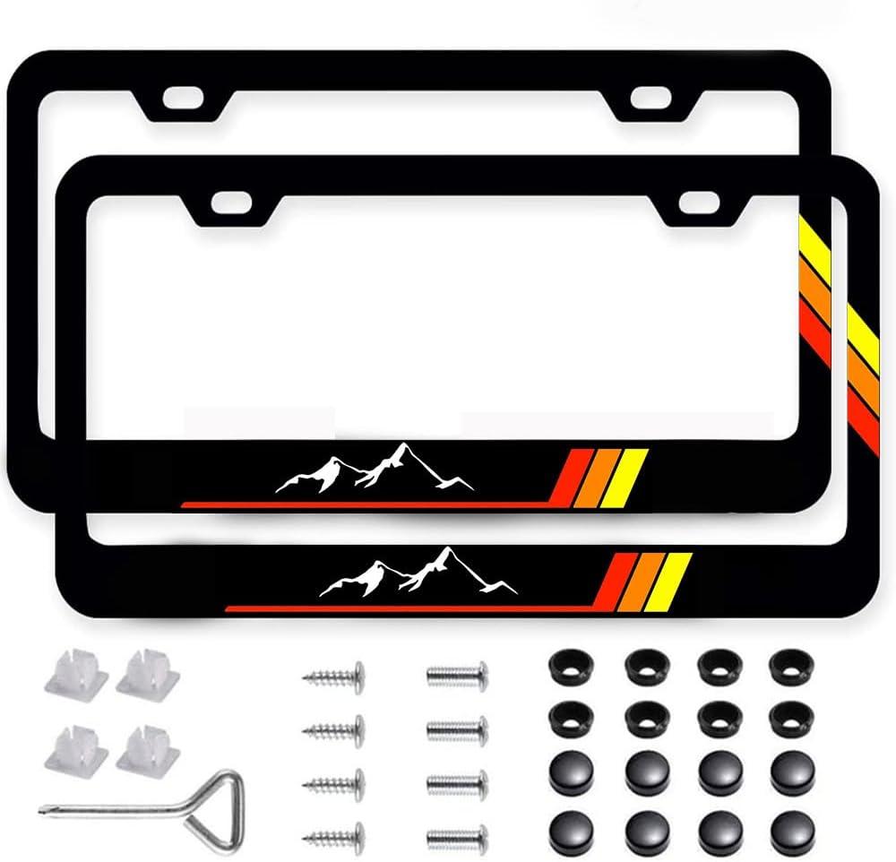 2Pack Tri-Color Stainless Steel License Plate Frames Holder with Screw Caps Rust-Proof, Weather-Proof fit for Toyota Tacoma 4Runner Tundra Rav4 Highlander Sequoia TRD -Yellow (LicenseMountain-Yellow)