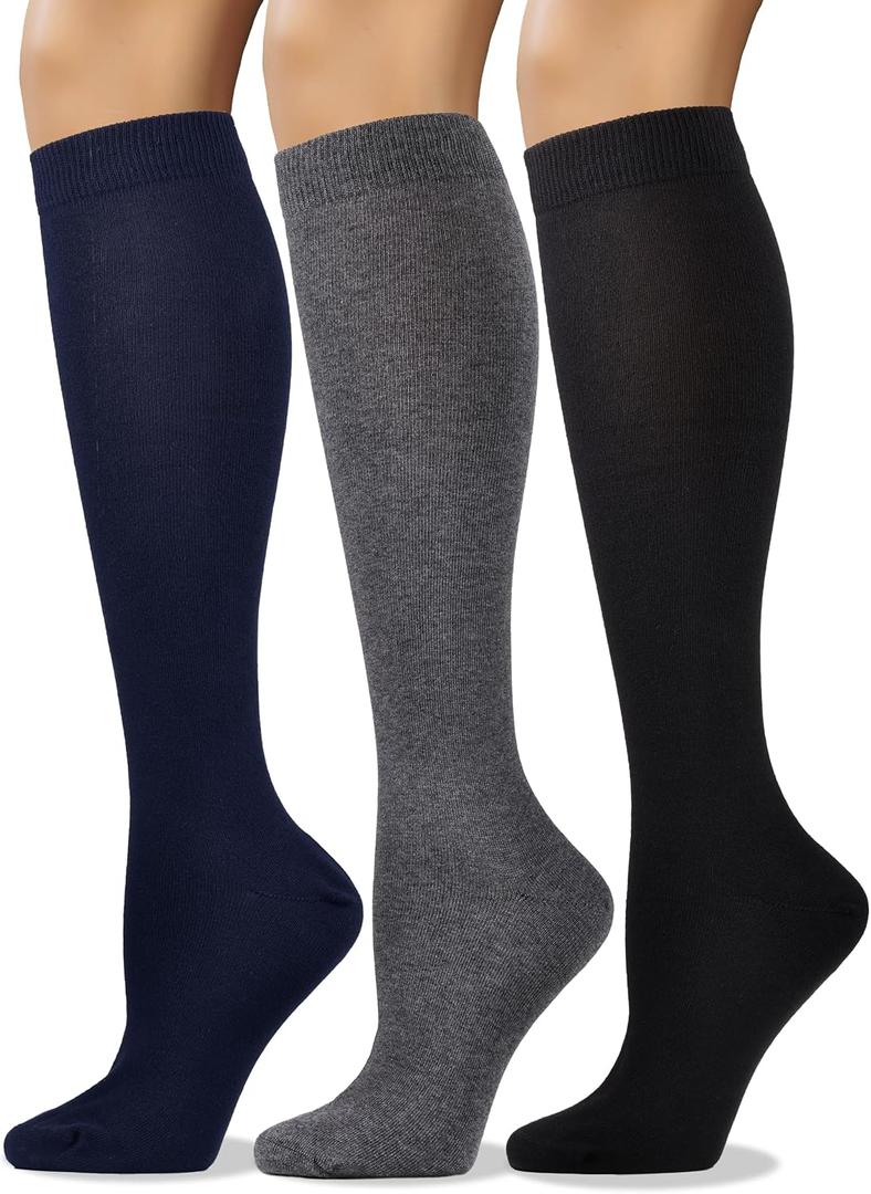 COTTON DAY Women's Soft Combed Cotton Knee High Long Calf Dress Socks Seamless Toe Black White Gray Navy Blue Brown 3 Pack (Medium-Large)