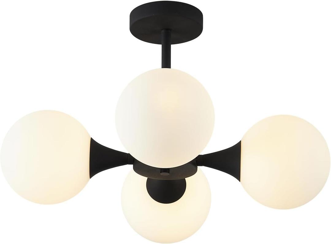 KCO Lighting Mid Century Modern Semi Flush Mount Ceiling Light Fixture Farmhouse Black Globe Sputnik Chandelier Ceiling Light 4-Light Milk Glass Hallway Ceiling Light