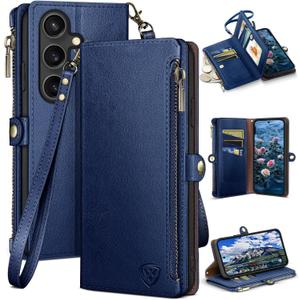 XcaseBar Compatible with Samsung Galaxy S25 Wallet case with Zipper Credit Card HolderRFID Blocking,Flip Folio Book PU Leather Phone case Shockproof Cover Men Women for Samsung S25 case Blue