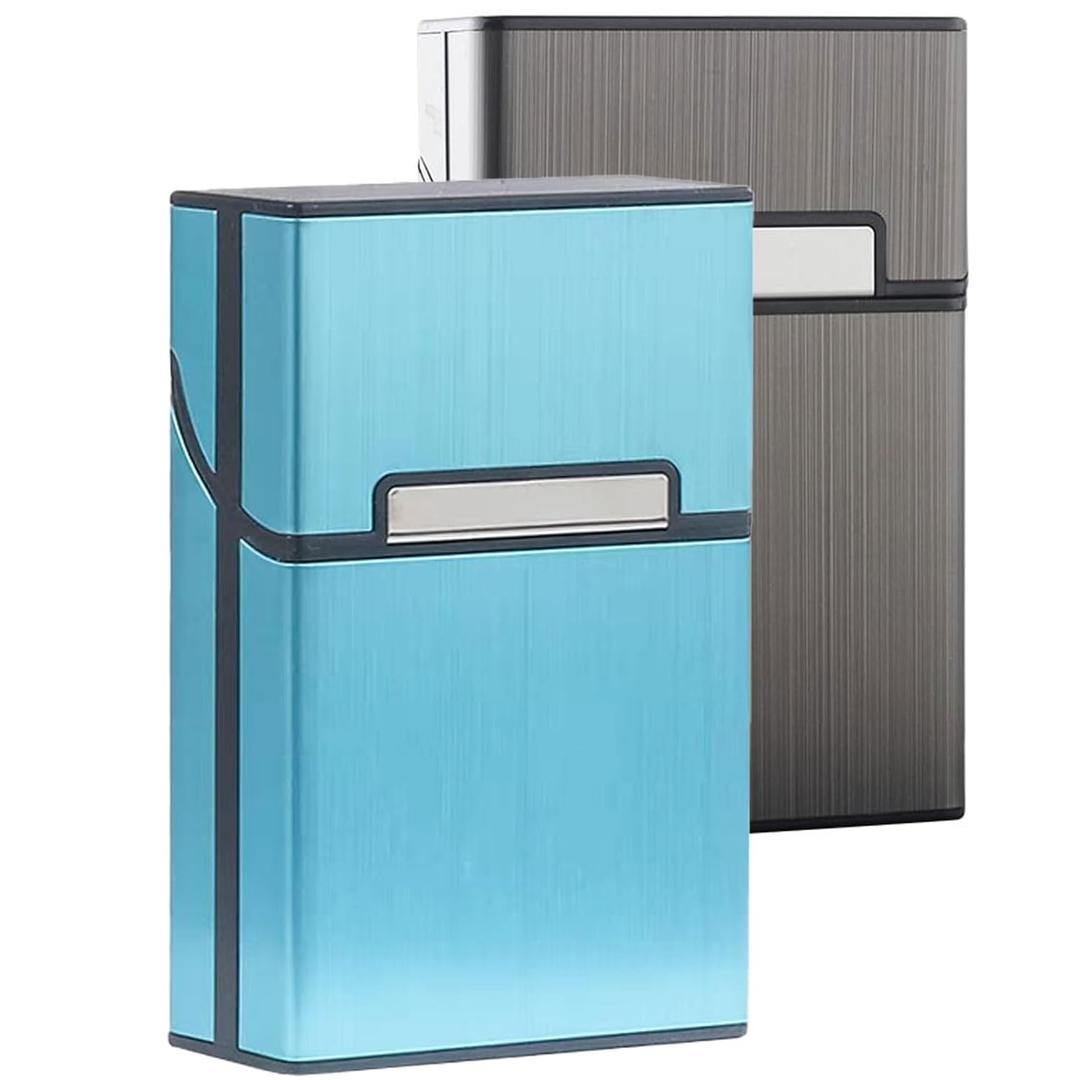 Cigarette Case Brushed Metal Cigarette Case with Magnetic Switch Flip Closure,20 Capacity (85mm, Gray + Blue,2 Pack,)