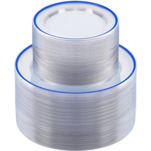 BESTSTAR 200PCS Blue and Clear Plastic Plates, Blue Disposable Plate Set with 100 Dinner Plate and 100 Dessert Plates for Party, National Day