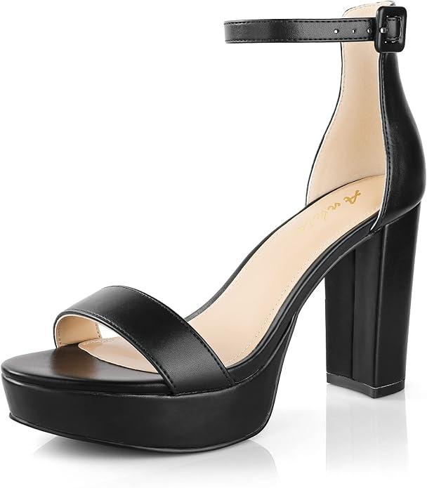Ankis Chunky Platform Heels - 4 Inch Block Heeled Sandals for Women - Comfortable Open Toe Strappy Heels - Black - Summer Dress Shoes 9.5