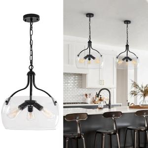 3-Lights Modern Pendant Lights Kitchen Island, Matte Black Hanging Light Fixtures with 15.8" Clear Glass Shade, Industrial Hanging Chandelier for Kitchen Entryway Bedroom Foyer