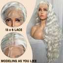SOKU 13x6 Lace Frontal Wig 32 Inch Sliver Color Boby Wave Pre-plucked Hairline with Baby Hair Transparent Lace Heat Friendly Synthetic Light Grey Lace Front Wavy Wigs for Women Christmas Gift