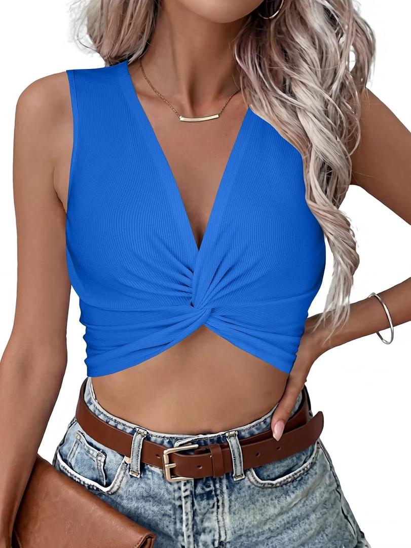 Vrtige Women's V Neck Twist Front Sleeveless Ribbed Knit Sexy Tank Crop Top Plain Royal Blue Small