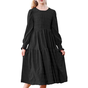 Girls Smocked Midi Dress Kids Long Sleeves Tiered A-Line Casual Dress Tween Crew Neck Fall Winter Party Dress S